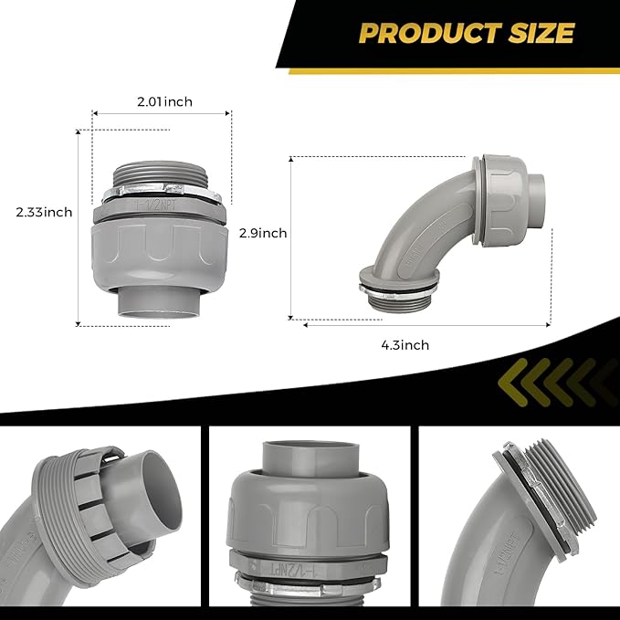Conduit Connectors, 1-1/2 Inch Liquid Tight Connector NPT Non-Metallic for PVC Electrical Flexible Conduit Fittings, 4 Straight and 2 Angle 90 Degree, UL Listed, Grey (6-Pack)