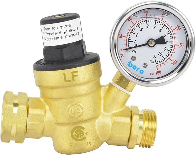 HYDRO MASTER Water Pressure Regulator Brass Valve with Gauge for RV Camper, Pressure Range 0-160PSI / 0-11Bar