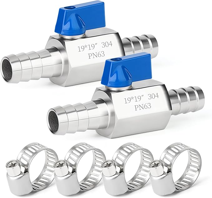 TAISHER 1PCS 304 Stainless Steel 3/4" Mini Ball Valve Shut Off Switch, 3/4" Hose Barb with 2PCS Hose Clamps