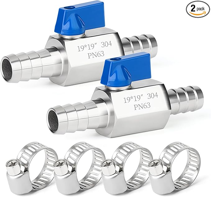 TAISHER 2PCS 304 Stainless Steel 3/4" Mini Ball Valve Shut Off Switch, 3/4" Hose Barb with 4PCS Hose Clamps
