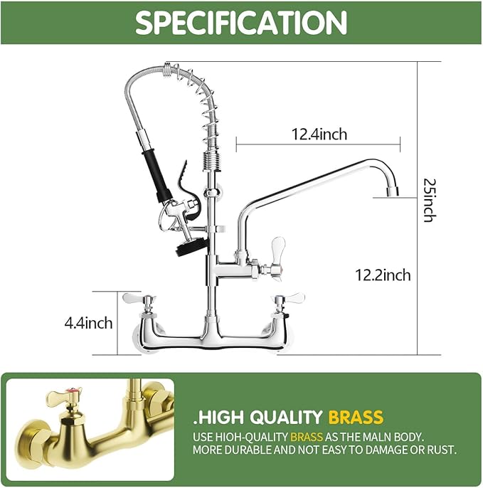 Commercial Sink Faucet,TOLSUNY Commercial Kitchen Faucet Wall Mount with Pre Rinse Sprayer,Wall Mounted Kitchen Sink Faucet for Industrial and Restaurant Sinks. (Classic, 25)