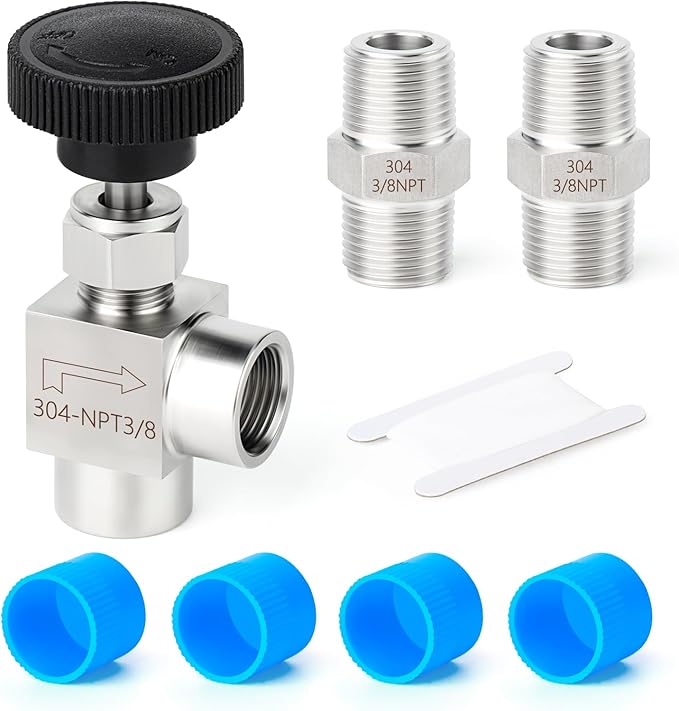 TAISHER 1PCS 304 Stainless Steel 90 Degree Needle Valve 3/8" Female NPT For Flow Control Water Gas Oil With Nipple