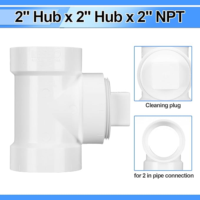 2" Hub x 2" Hub x 2" PVC Dwv Pipe Fitting Cleanout Tee with Plug Sewer Cleanout Adapter with NPT Female for Drainage Piping, Ventilation and Other System Drain