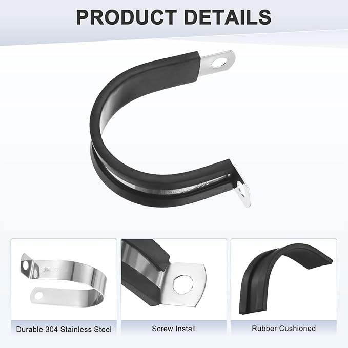 12-Pack Cable Clamps, 1-3/8 Inch/ 35 mm 304 Stainless Steel Rubber Cushioned Insulated Cable Clamp R Shape Metal Holder for Tube/Wire/Pipe/Loop Installation