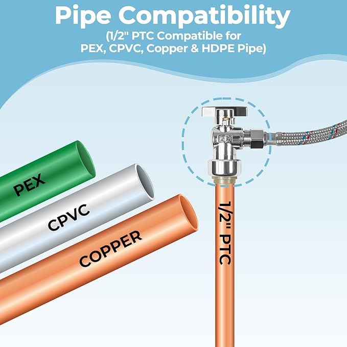 5PCS Angle Stop Valve, 1/2 x 3/8 Inch Compression Angle Water Shut Off Valve, Toilet Faucet Valve, Pushfit 1/4 Turn, No Lead Brass Push to Connect Plumbing Fitting for Copper, CPVC, PE-RT, PEX Pipe