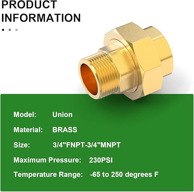 TAISHER 2PCS Brass Union，3/4" NPT Male x 3/4" NPT Female Brass Pipe Fitting
