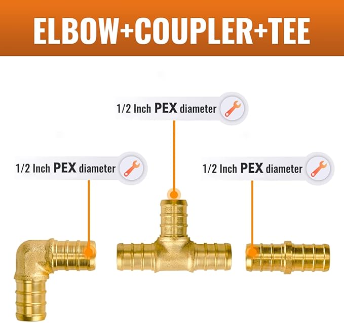 1/2" Pex Fittings, SUNGATOR 45 PCS 1/2 Inch Pex Fittings Set, 15 Each Elbow Tee Coupling, No Lead Brass, ASTM F1807