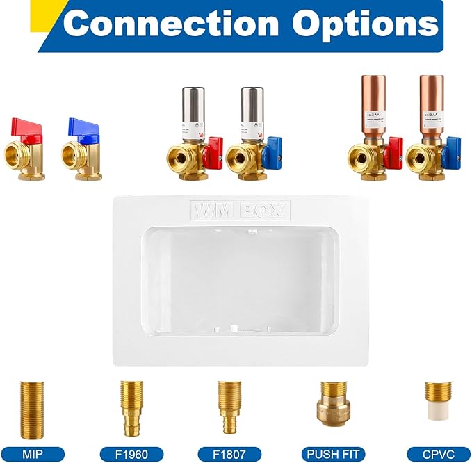 Washing Machine Outlet Box with Center Drain, 1/2" Crimp Pex F1807 Inlet x 3/4" MHT Outlet Connection with Hot and Cold 1/4-turn Shut-off Ball Valve and Copper Water Hammer Arrestor
