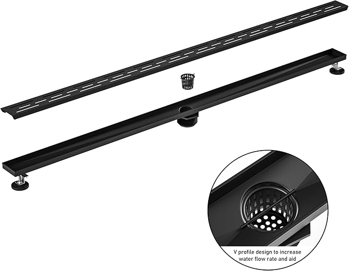 Linear Shower Drain 72" Matte Black 304 Stainless Steel | with Drain Grate| Fast Drainage | Stainless Floor Drain Grate | Hair Strainer | Drain Key | The Upgrade for Your Bathroom