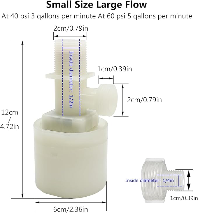 Water Float Valve, Water Level Control Water Tank Traditional Float Valve Upgrade 2 PCS（1/2" to 1/4", up inlet）