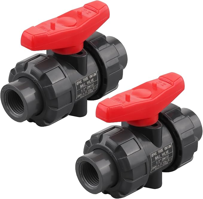DERNORD 2 Pack PVC True Union Ball Valve NPT Threaded with Full Port, EPDM O-Rings, and Reversible PTFE Seats, Rated at 200 PSI (1/2 Inch NPT Threaded)