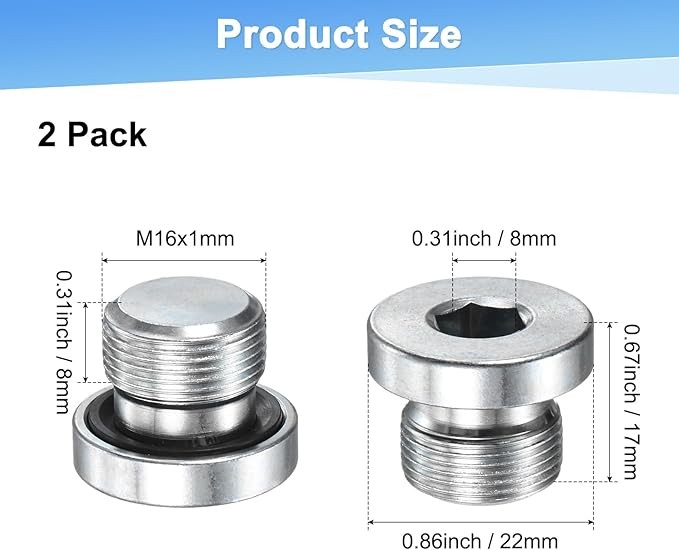 2-Pack M16x1mm Inner Hex Head Pipe Fitting Plug, Carbon Steel Sensor Socket Plug with Seal O-Ring for Terminate Pipe Ends/High Pressure Washer, Sealing Screw