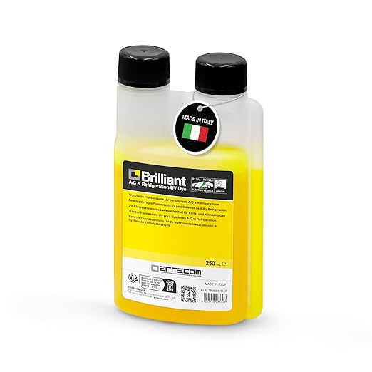 Errecom Brilliant - 8.5 fl oz (250 ml), Fluorescent UV Dye for Detecting Refrigerant Gas Leaks in Air Conditioning and Refrigeration Systems, 250 ml Bottle with Dispenser