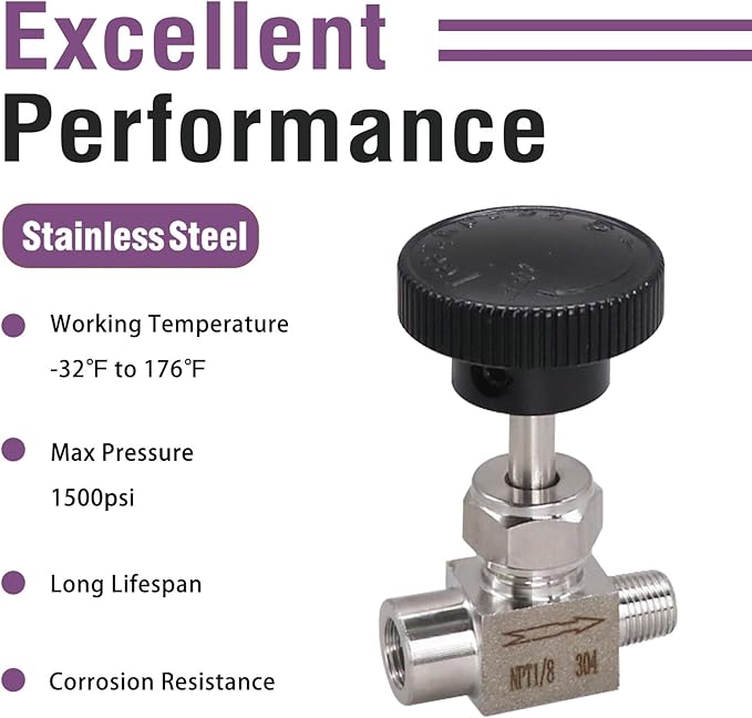 Stainless Steel 304 NPT 1/8 Female to Male Needle Valve for Flow Control in Gas Oil Water Systems, 1PC