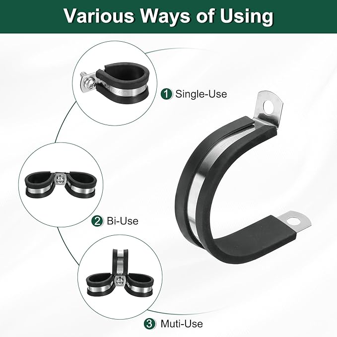 uxcell 1-3/8"(36mm) Cable Clamp, 304 Stainless Steel Rubber Cushioned Insulated R Shape Metal Clamp Tube Holder for Pipe Hose Wire Cord Installation 12Pcs
