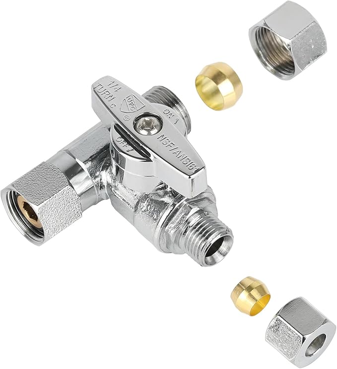 (Pack of 20) EFIELD 1/4-Turn Stop Tee Compression Stop Valve, 3/8" OD x 3/8" OD x 3/8" Com OD, Chrome Plated Brass, UPC Certified,(VALVE465-20PCS)