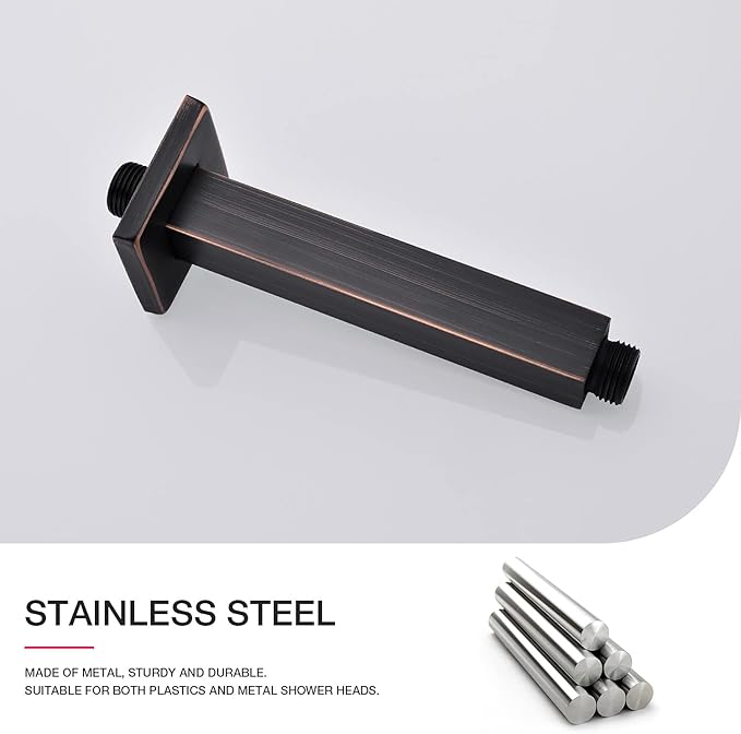 Brushed Bronze Shower Arm with Flange Ceiling Mounted 6 Inch Square Stainless Steel Extension for Overhead Rainfall Shower Head, Oil Rubbed Bronze