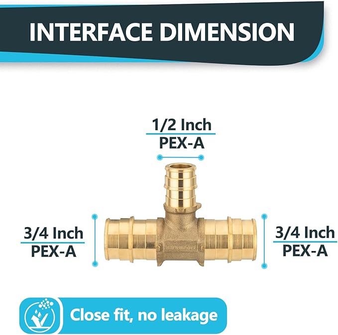 (10-Pack) Seelink PEX-A Fitting, 3/4" x 3/4" x 1/2" Expansion Tee, Brass Fittingg Tee, ASTM F1960(PEX1960120)