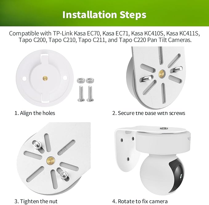 2 Pack Metal Wall Mount for Kasa Indoor Pan/Tilt Camera EC70 & KC410S – Wall or Ceiling Bracket, Upright or Upside‑Down Install, 360 Degree Adjustable Viewing, Rust‑Proof Steel (Camera Not Included)