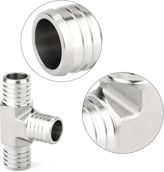 TAISHER 1PCS 304 Stainless Steel Tee Pex Fittings, 1" Pex Fitting With 3PCS Hose Clamp For Pex Tubing Pipe