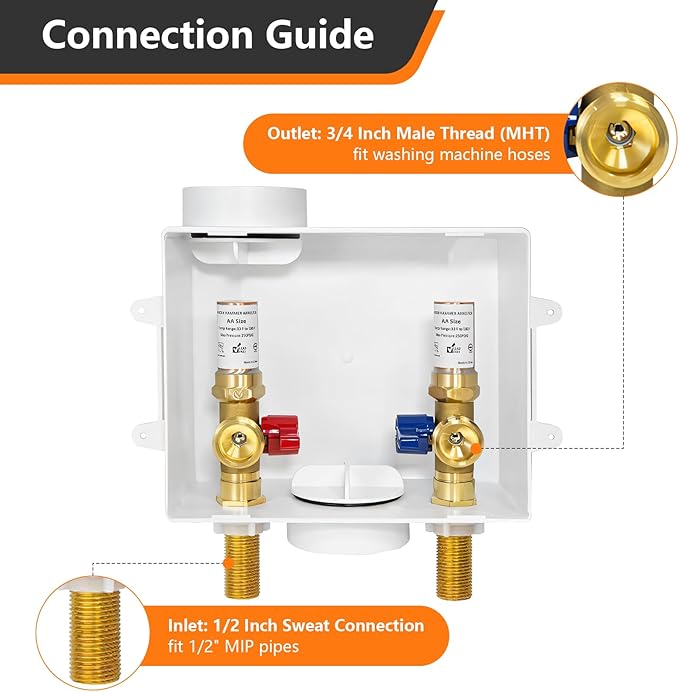 1-Pack HeSun Washing Machine Outlet Box, 1/2 Inch MIP(Sweat) Inlet x 3/4 Inch MHT Outlet, Laundry Pex Washer Outlet Box,with Copper Water Hammer Arrestor(WM011)
