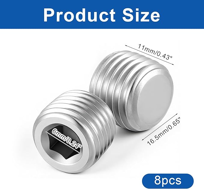 8 Pcs Stainless Steel Pipe Fitting Kit 1/4" NPT Hexagonal Countersunk Male Thread Pipe Plug Hex Countersunk Plug Assortment Set NPT Male Thread for Sealing Pipes Port