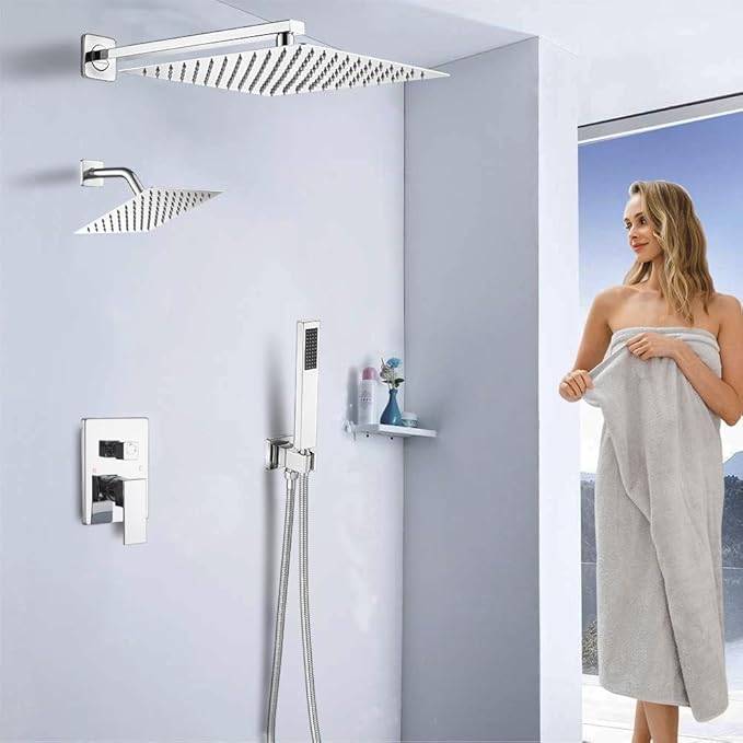 Shower Faucet Set Polished Chrome Shower System, Knob Switch Diverter Shower Faucet with High Pressure Handheld Spray, Wall Mount 12 Inch Shower Head with 6 Inch Wall Mount Shower Head