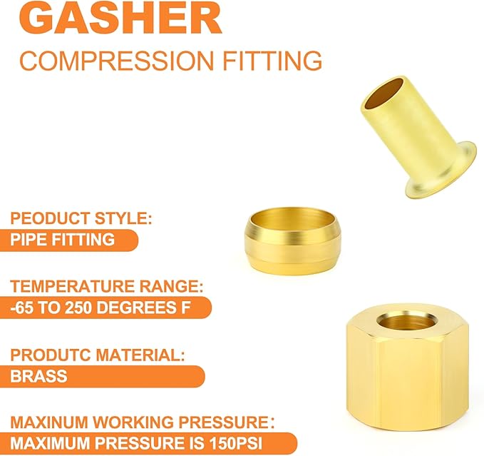 GASHER 60PCS Brass Compression Fitting Kit,Sleeve Ferrules&Insert Tube Support&Ferrule head,1/2" Tube OD