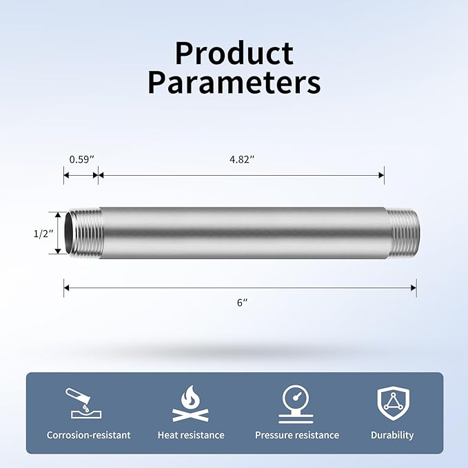 1/2"x6" 304 Stainless Steel Pipe, 1/2" NPTx 1/2" NPT Male Threaded Nipple, SCH40 Heavy Duty Pre-Cut Steel Pipe for Plumbing Gas, Hydraulic, and Industrial Applications(6", 4 Piece)