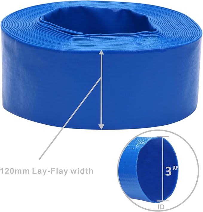Lay-Flat Pool Backwash Hose - 3" x 50Ft Reinforced Heavy Duty PVC Discharge Hose Weather-Proof Vinyl Pool Drain Hose for Water Transfer with 2 clamps