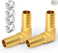 GASHER 2 Pieces Brass Hose Barb Reducer, 5/8 Inch to 5/8 Inch Barb Hose ID 90 Degree L Right Angle Elbow with 4 Hose Clamps, Brass Barb Reducer SPLICER Fitting Fuel/AIR/Water/Oil/Gas/WOG