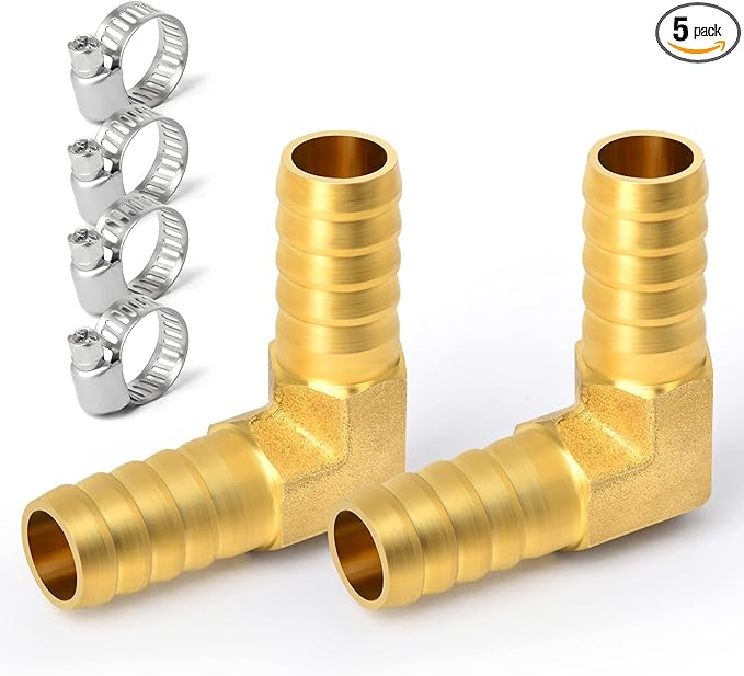 GASHER 5 Pieces Brass Hose Barb Reducer, 5/8 Inch to 5/8 Inch Barb Hose ID 90 Degree L Right Angle Elbow with 10 Hose Clamps, Brass Barb Reducer SPLICER Fitting Fuel/AIR/Water/Oil/Gas/WOG