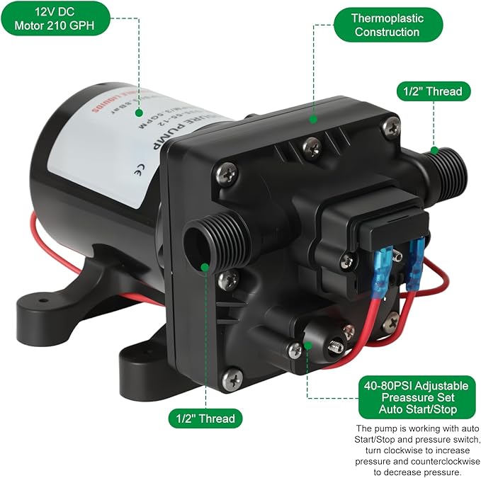 12V RV Water Pump, 3.5 GPM,40-80 PSI Adujstable Diaphragm Pump with Automatic Pressure Switch,1/2'' MNPT Port, Quiet & Smooth Operation,1 Pump + 1 Strainer,Compatible with Camper, RV, Shower, Sprayer