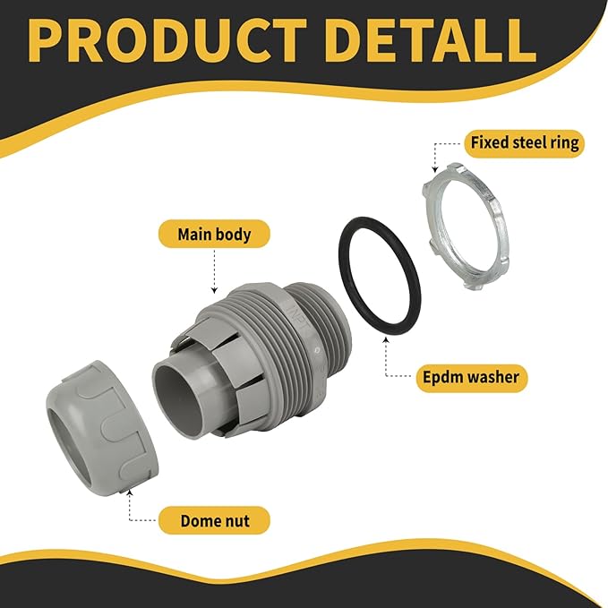 Conduit Connectors, 1 Inch Liquid Tight Connector NPT Non-Metallic for PVC Electrical Flexible Conduit Fittings, 180 Degree Straight, UL Listed for Home Outdoor Tubes Tools, Grey (30-Pack)