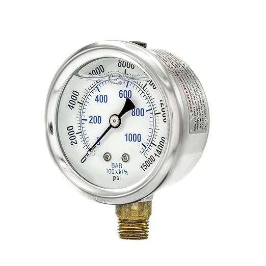 PIC Gauges PRO-201L-254V 0-15000 PSI Pressure Gauge, 2 1/2" Dial, 1/4" Male NPT Connection, Bottom Mount, Dual Scale, Glycerin Filled, Stainless Steel Case/Bezel, Brass Internals & Plastic Lens, -30/0/30