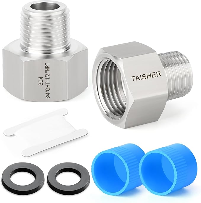 TAISHER 2PCS 304 Stainless Steel Garden Hose Adapter, 3/4" GHT Female x 1/2" NPT Male Garden Hose Connector with Washers