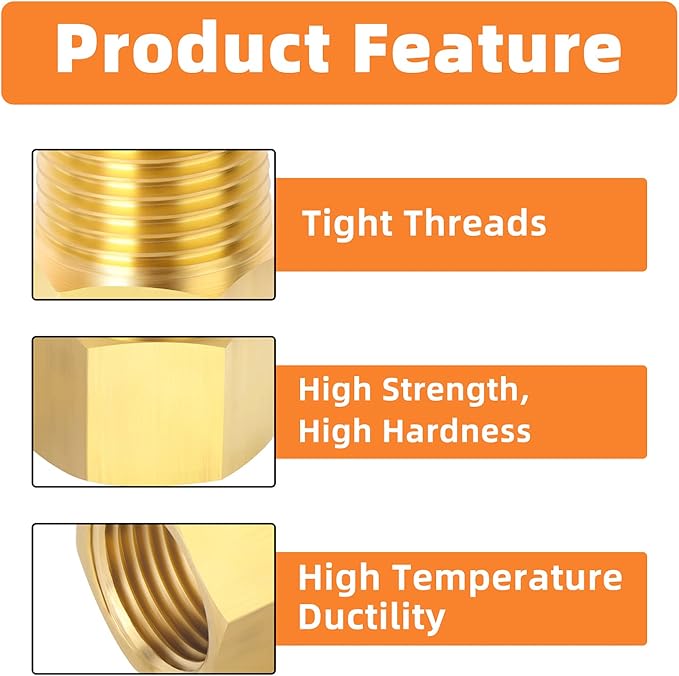 GASHER 5PCS Brass Pipe Fitting, Reducer Adapter, 1/2-Inch Male Pipe x 1/2-Inch Female Pipe