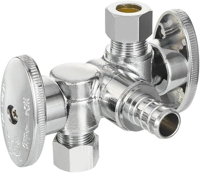 EFIELD 1/4 Turn Dual Compression Outlet Angle Stop Valve with 2 Shut Off Valve/Handles, 1/2" Barb Crimp Pex Pipe Inlet X (3/8 inch x 3/8 inch),Pack of 1 Brass,(VALVE175)