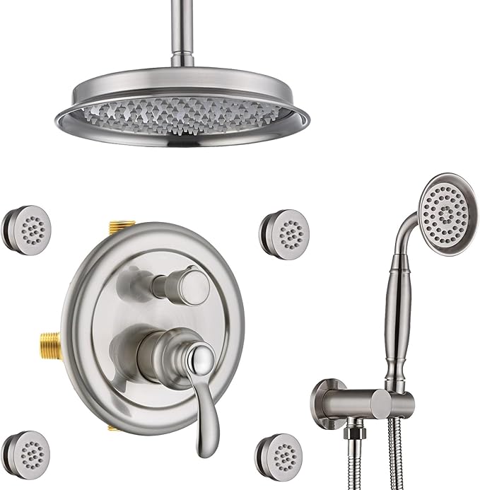 Antique Shower Faucet-Sets Fixtures: 9 inch Ceiling Rain Head with Handheld Spray and Body Jets, 3 Way Diverter Rough in Valve System included Trim Kit, Brushed Nickel