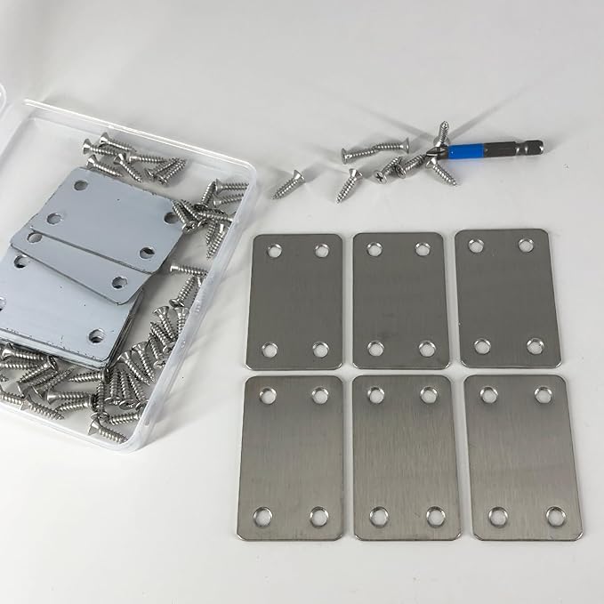QSJ 12 Pack Flat Mending Plate, Metal Bracket, Stainless Steel Brace 2.36 x 1.49'', Fixing Joining Plate for Wood with 48PCS Screws, 1x Screwdriver., Black, QSJ-03