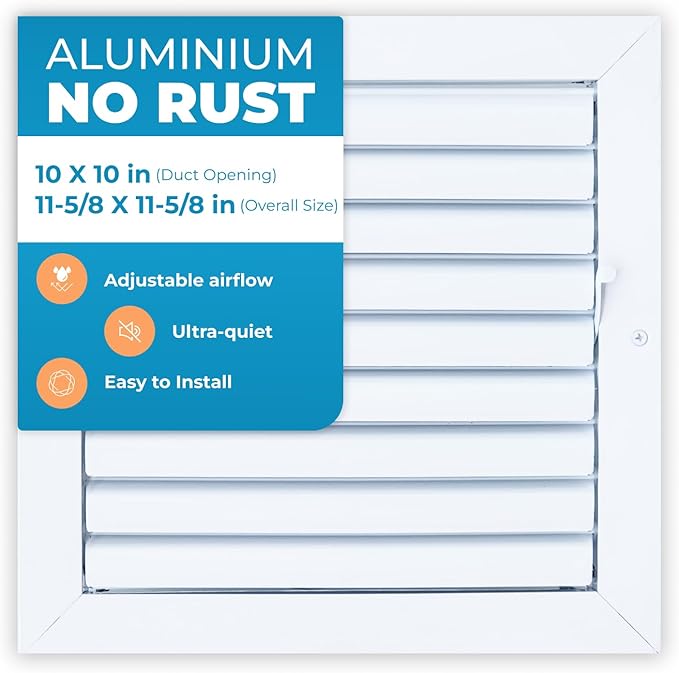 Aluminum 10 x 10 In (Duct Opening) 1-Way Air Duct Register Vent Cover for Ceiling and Wall - Modern HVAC Louver Vent Cover Adjustable, Durable Rustproof Wall Grille – Overall Size 11-5/8 x 11-5/8 Inch