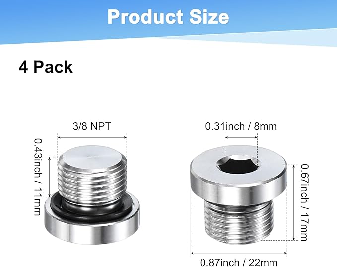 4-Pack Inner Hex Head Pipe Fitting Plug, 3/8 NPT 304 Stainless Steel Socket Bung Plug with Sealing Ring for Terminate Pipe Ends/Replacement Drains