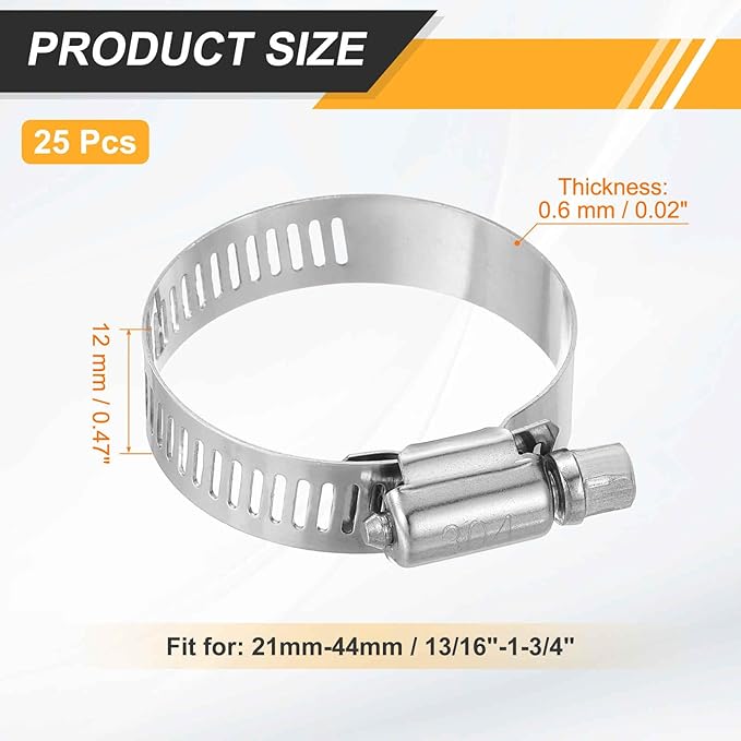 HARFINGTON 25 Pcs Hose Clamp 13/16"-1-3/4" (21-44mm) 304 Stainless Steel Adjustable Worm Gear Hose Clamp with Phillips Screw Assortment Kit for Fuel Line Pipe Plumbing Automotive Tube