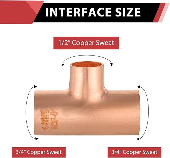 10-Pack EFIELD 3/4" X 3/4" X1/2" C X CX C Copper Reducing Tee, LF Copper Plumbing Fittings with Sweat Solder Connection (3/4"x3/4"x1/2"),(COPPER012)