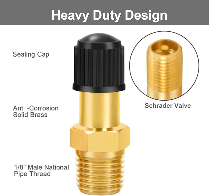 GODESON 1/8" NPT Tank Valve, Anti-Corrosion Brass Schrader Valve with 1/8" Male NPT and Caps, Air valve Using with Air Compressor Tanks (Pack of 2)