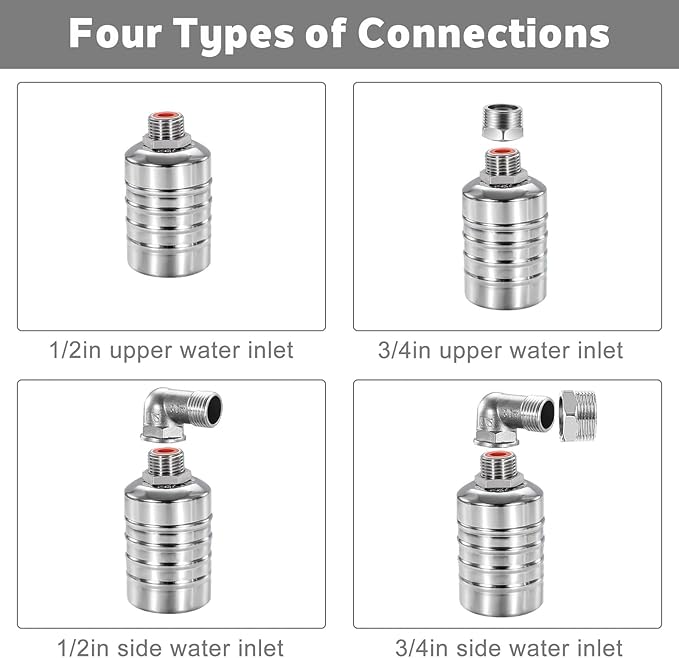 2-Pack Internal Float Valves, Automatic Water Level Control Valve for Water Tanks, Pools, Livestock & Aquariums – 1/2" to 3/4" Inlet, Food-Grade Nylon & Stainless Steel