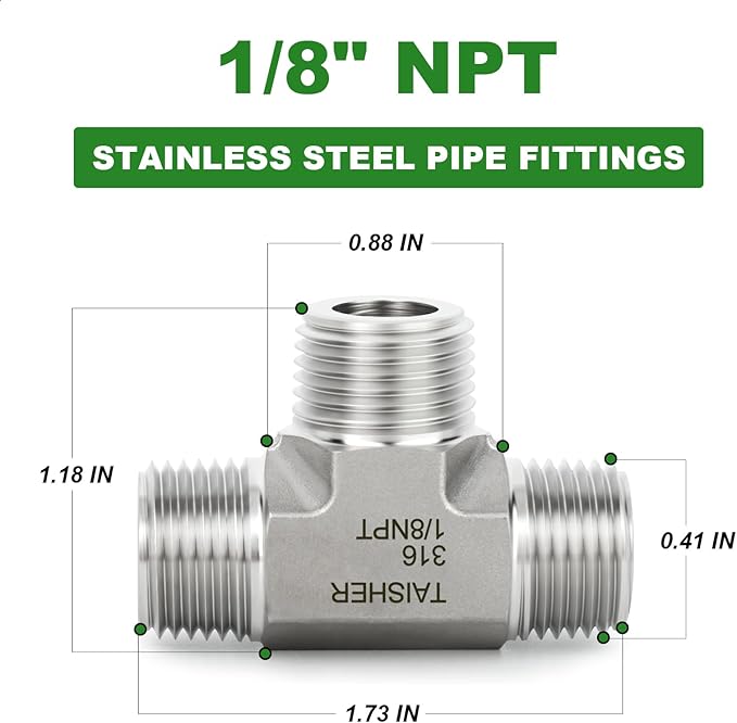 TAISHER 1PCS Forging of 316L Stainless Steel Tee Pipe Fittings, 1/8" x 1/8" x 1/8" NPT Male Pipe Fittings