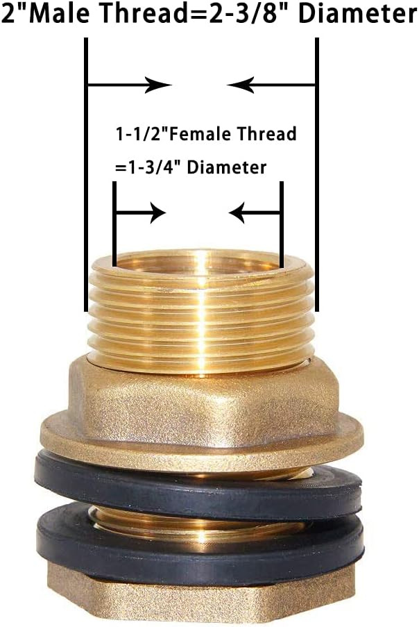 Joywayus 1-1/2" Female 2" Male Soild Brass Water Tank Connector Bulkhead Tank Fitting With 2 Rubber Ring Stablizing