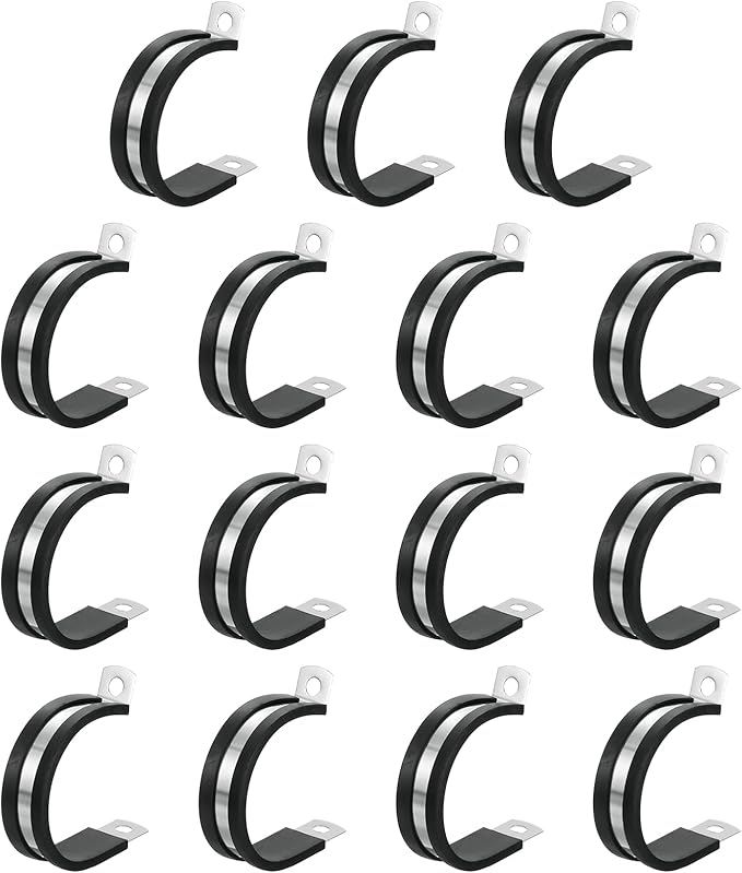 uxcell 1-1/2"(38mm) Cable Clamp, 304 Stainless Steel Rubber Cushioned Insulated R Shape Metal Clamp Tube Holder for Pipe Hose Wire Cord Installation 15Pcs