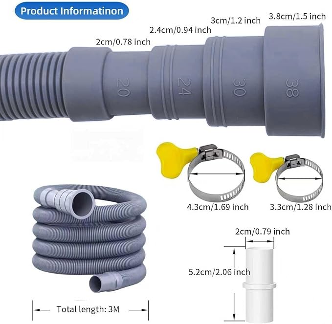 Universal Washing Machine Drain Hose Kit 10FT, Extra Long Flexible Corrugated Extension Hose with U-Bend Bracket & 4 Clamps, for Washer, Dishwasher, Dehumidifier, Sink, RV